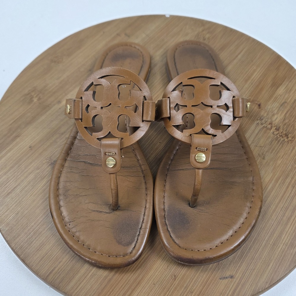 Tory Burch Miller Sandals Womens Size 7 Brown Leather Flat Thong Logo Slip On